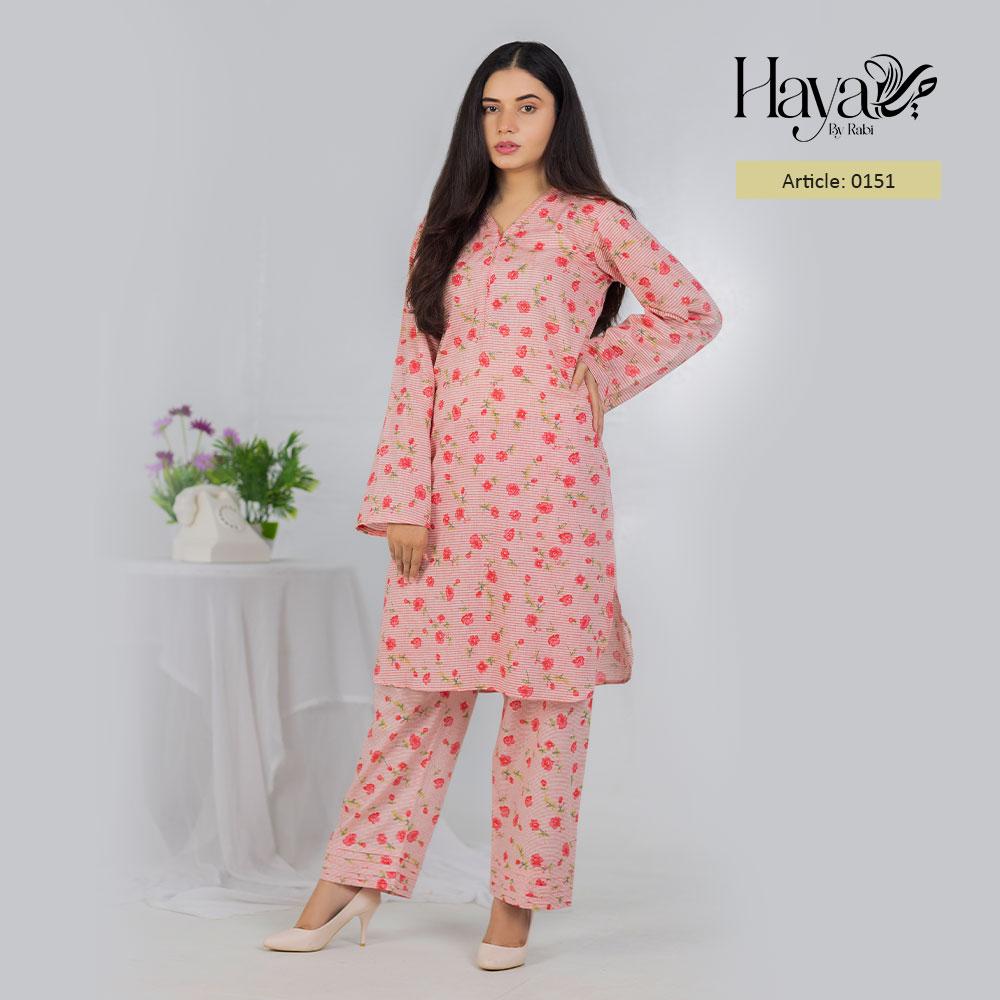 Pink Self Embroidered Lining Floral 2Pcs