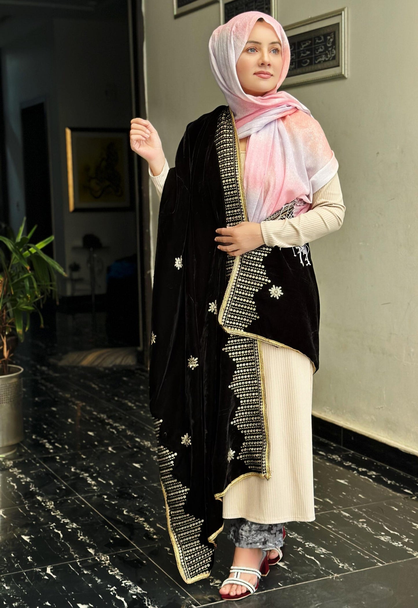 Winter Velvet Embroidered Shawl