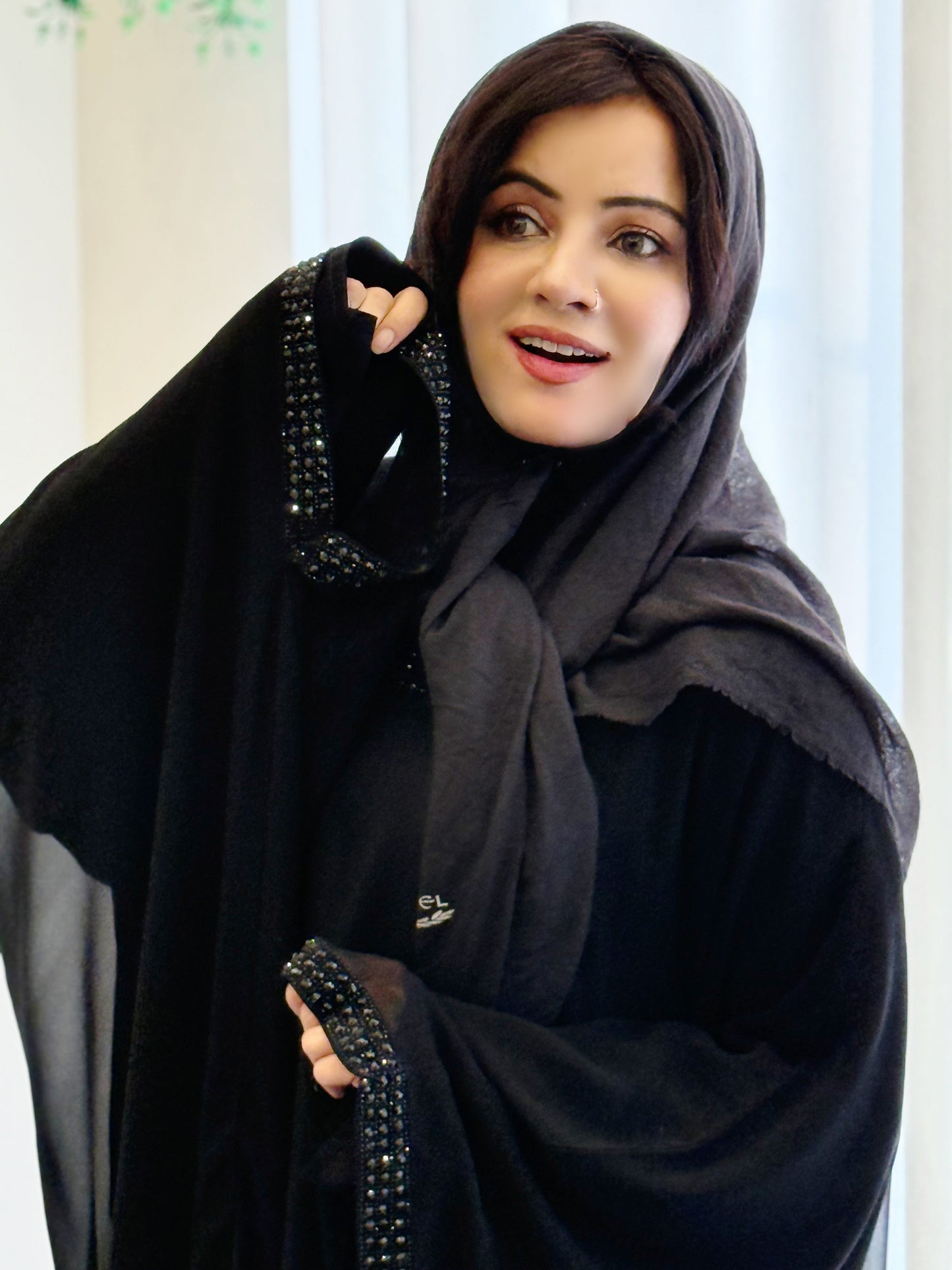 Elegant Black Abaya with Black Stone Detailing – Haya by Rabi