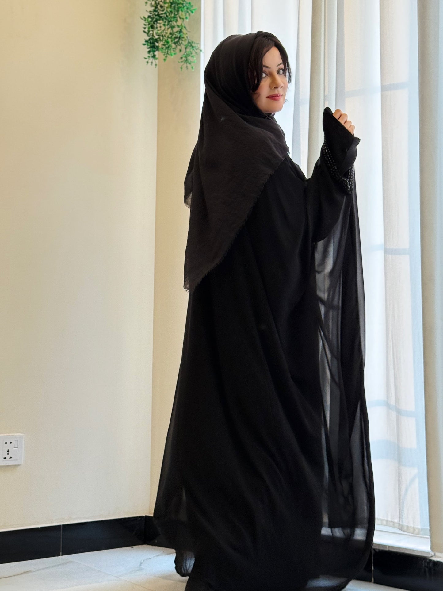 Elegant Black Abaya with Black Stone Detailing – Haya by Rabi