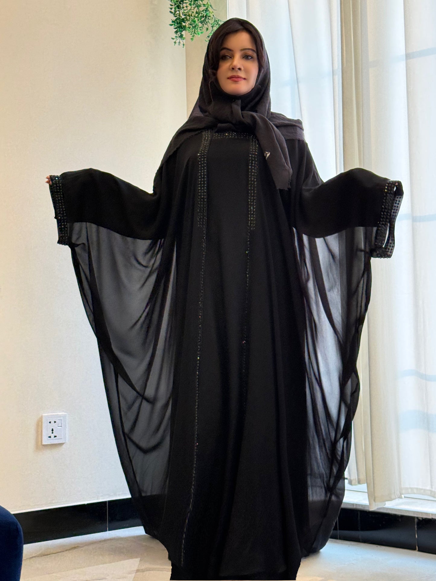 Elegant Black Abaya with Black Stone Detailing – Haya by Rabi