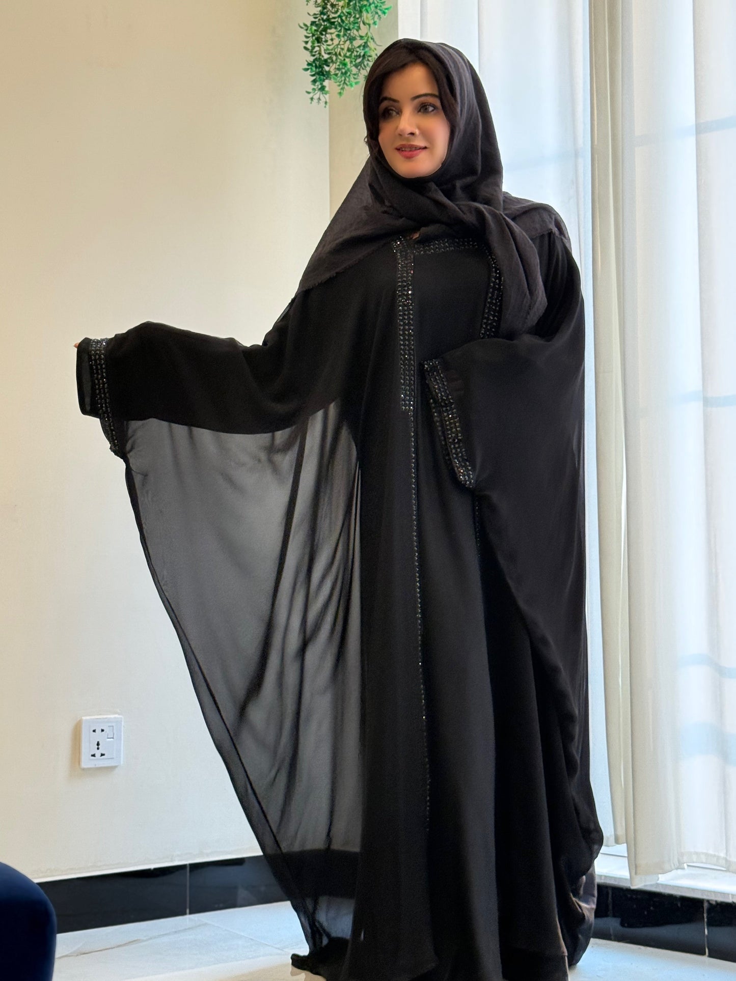 Elegant Black Abaya with Black Stone Detailing – Haya by Rabi