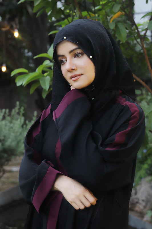 Black Abaya with Maroon Contrast Detailing – Bold Elegance by Haya by Rabi