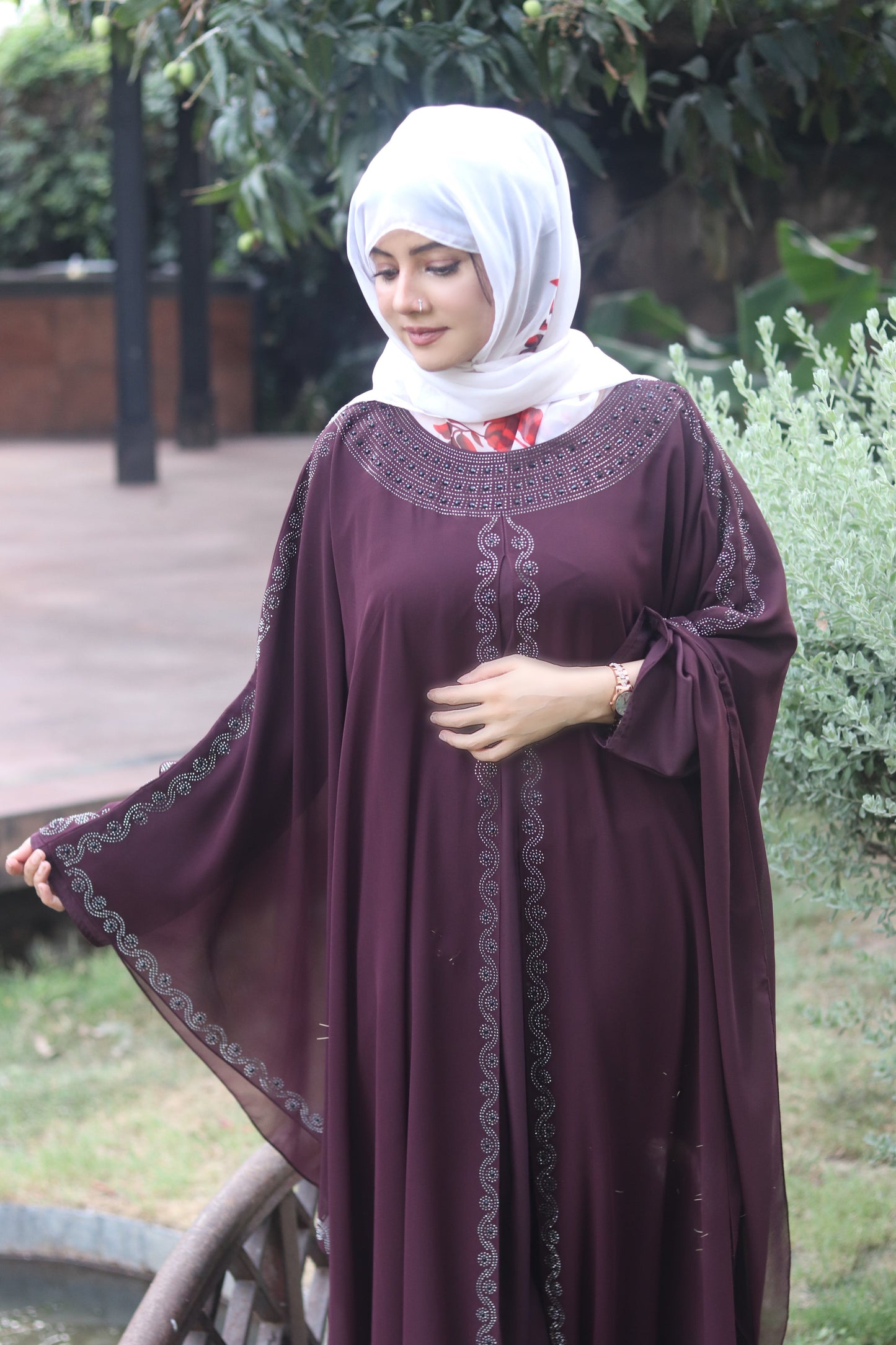 Luxury Maroon Kaftan Abaya with DMC Stone Work – Formal Glamour by Haya by Rabi