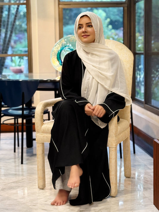 Elegant Black Abaya with White Piping – Timeless Grace by Haya by Rabi