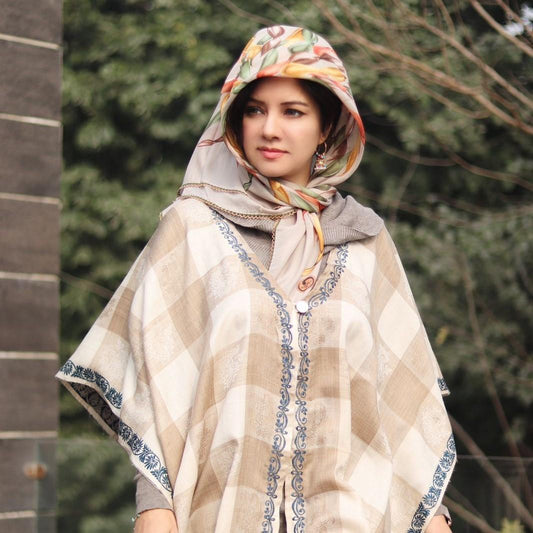 Plaid Button Winter Shawl